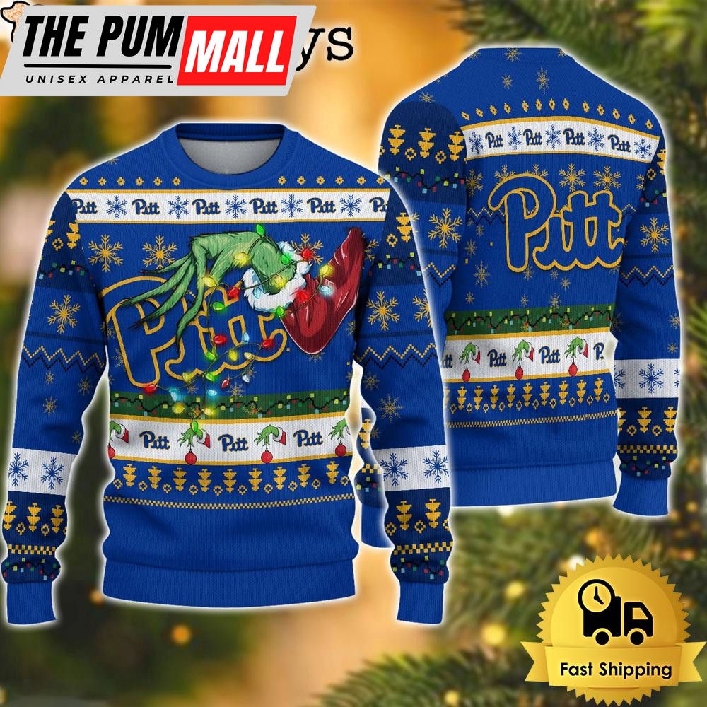 NCAA Pittsburgh Panthers Merry Christmas Grinch Hand Ugly Christmas Sweater