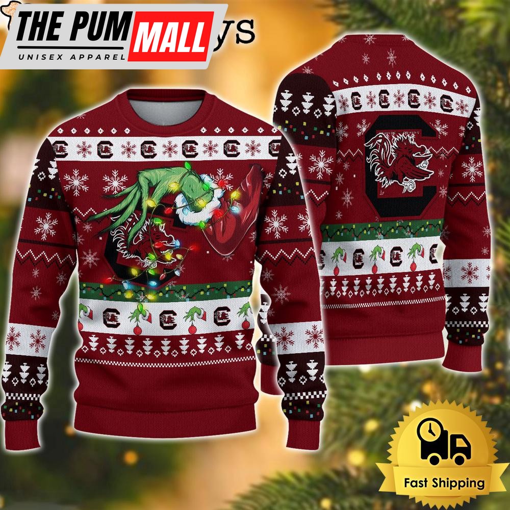 NCAA South Carolina Gamecocks Merry Christmas Grinch Hand Ugly Christmas Sweater