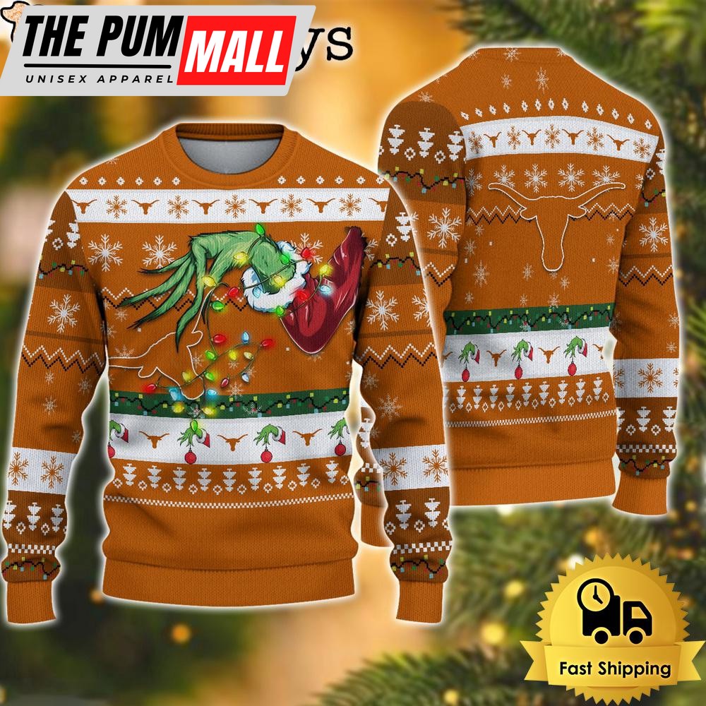 NCAA Texas Longhorns Merry Christmas Grinch Hand Ugly Christmas Sweater