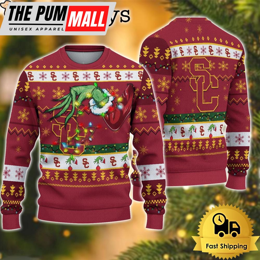 NCAA USC Trojans Merry Christmas Grinch Hand Ugly Christmas Sweater