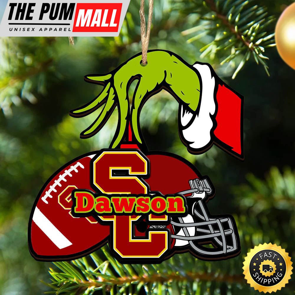 NCAA USC Trojans Personalized Your Name Grinch And Football Ornament Limited Edition
