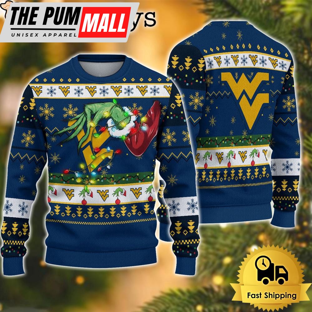 NCAA West Virginia Mountaineers Merry Christmas Grinch Hand Ugly Christmas Sweater