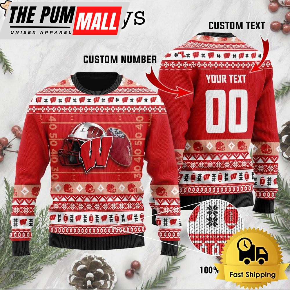 NCAA Wisconsin Badgers Football Helmet Custom Ugly Christmas Sweater