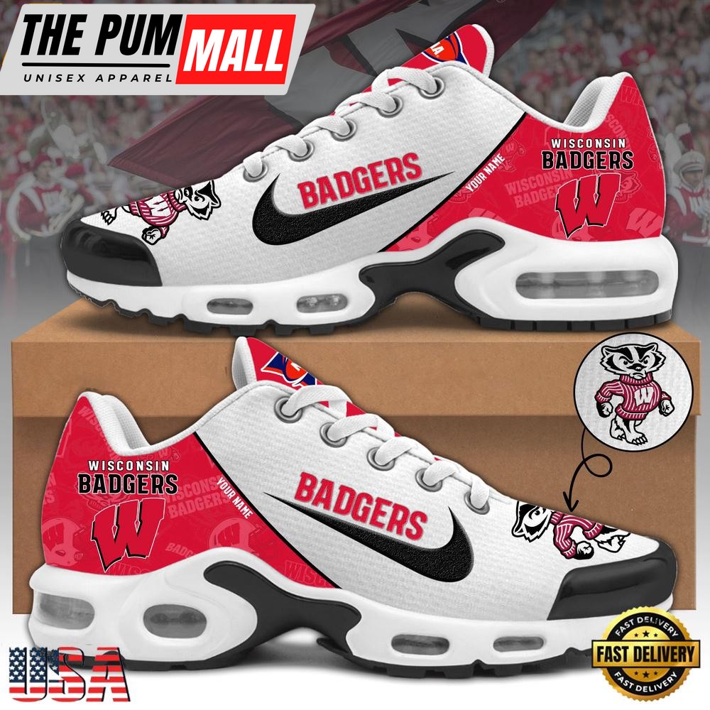 NCAA Wisconsin Badgers Football Mascot Symbol Custom Name New Design Air Max Plus Shoes