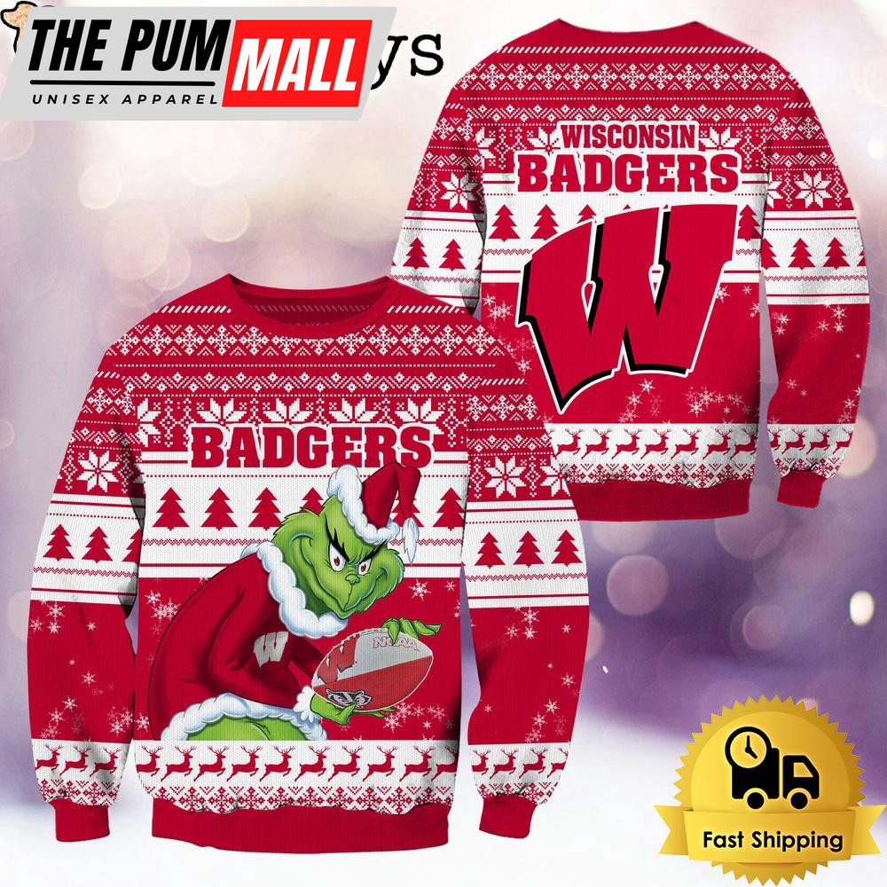 NCAA Wisconsin Badgers Grinch Custom Name Ugly Christmas Sweater
