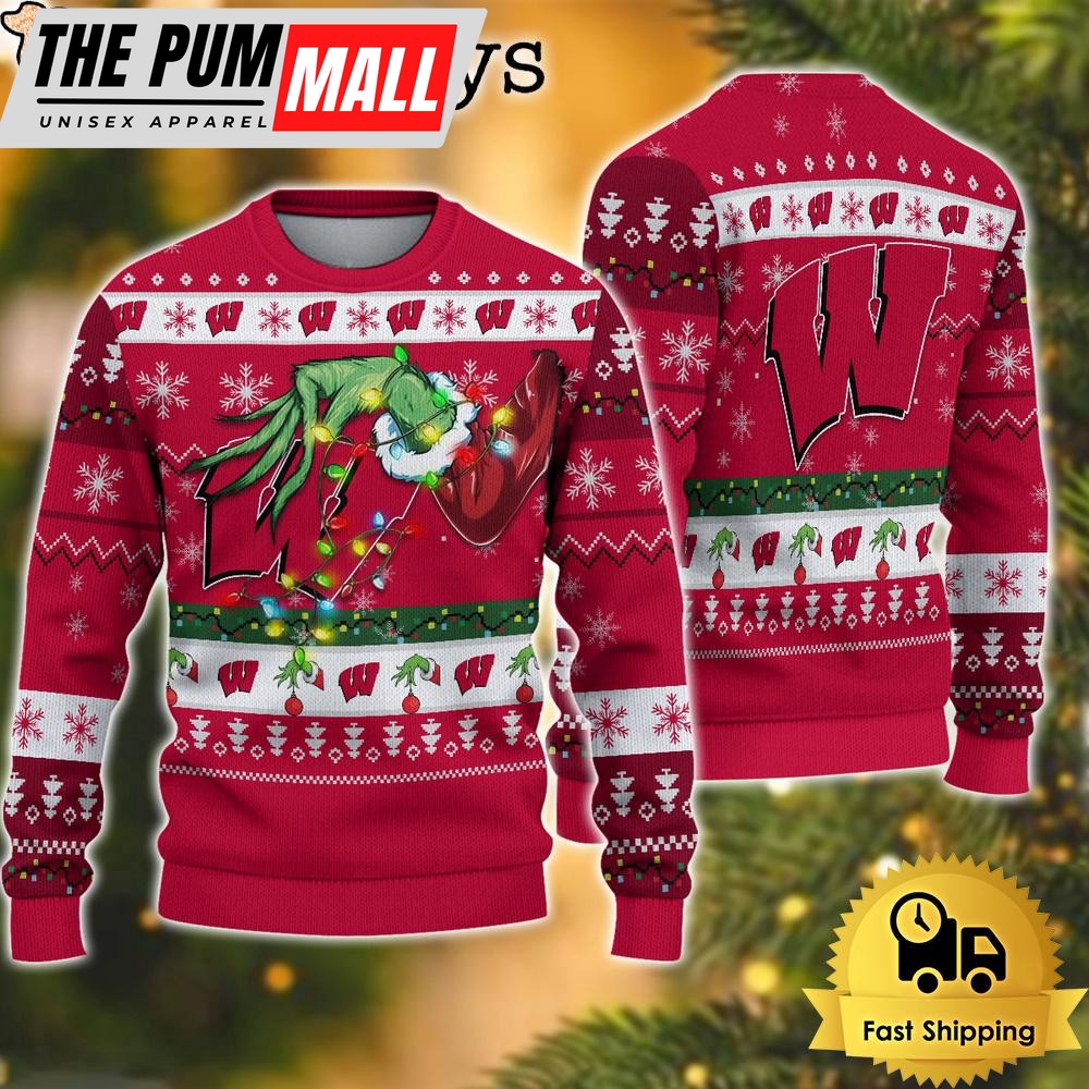 NCAA Wisconsin Badgers Merry Christmas Grinch Hand Ugly Christmas Sweater