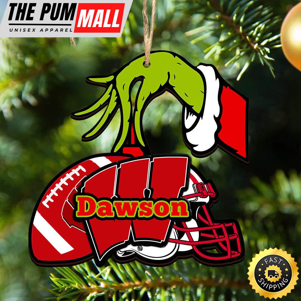 NCAA Wisconsin Badgers Personalized Your Name Grinch And Football Ornament Limited Edition