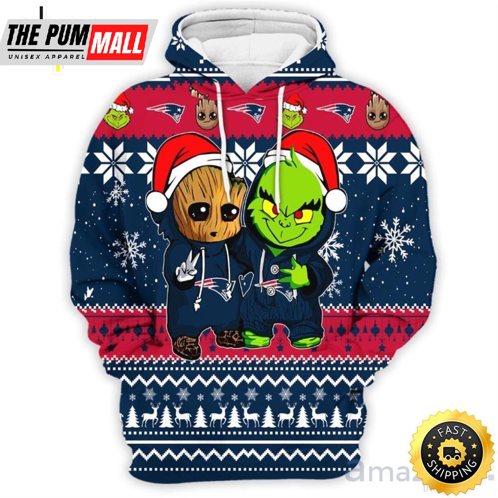 New England Patriots Baby Groot And Grinch Best Friends 3D Hoodie Christmas Sweater