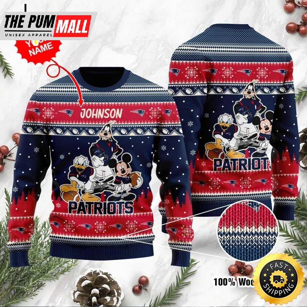 New England Patriots Disney Donald Duck Mickey Mouse Goofy Personalized Ugly Christmas Sweater Perfect Holiday Gift