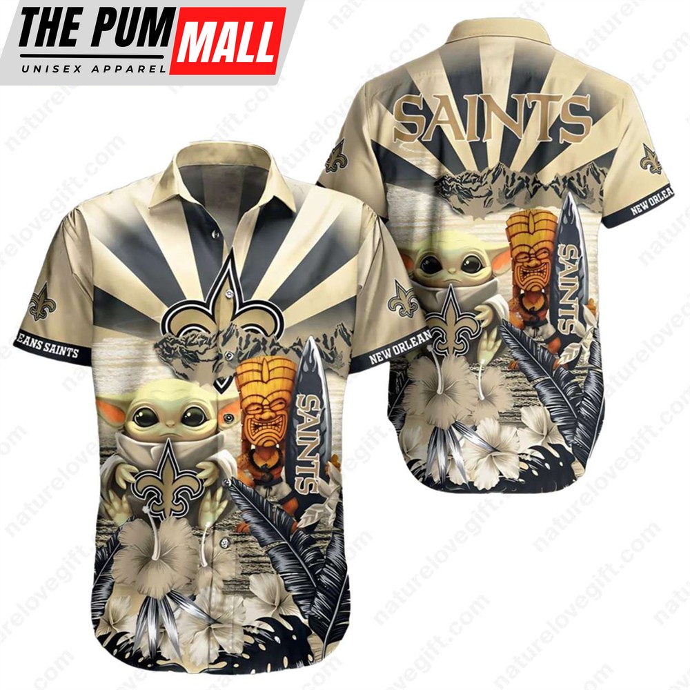 New Orleans Saints Baby Yoda Hibiscus Tiki Hawaiian Shirt