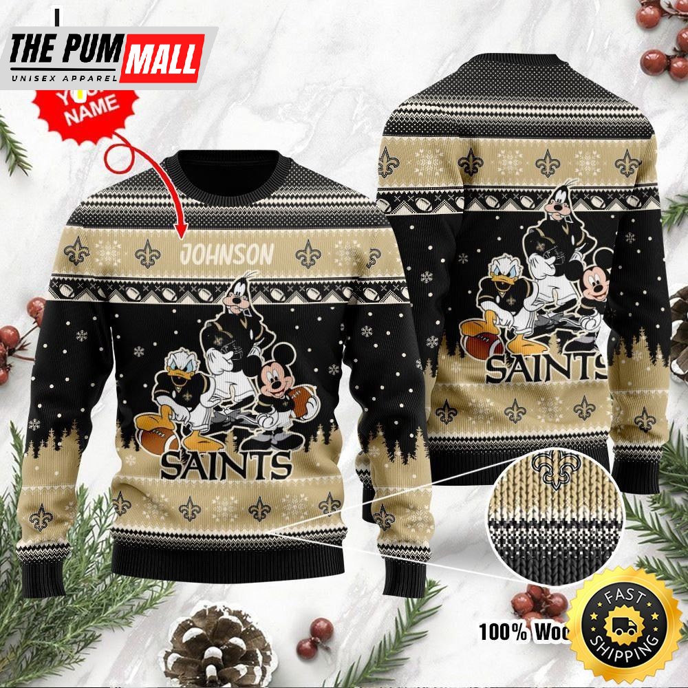 New Orleans Saints Disney Donald Duck Mickey Mouse Goofy Personalized Ugly Christmas Sweater Perfect Holiday Gift