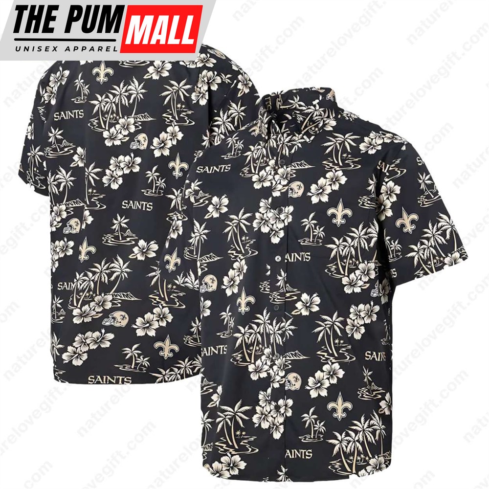 New Orleans Saints Floral Palm Trees Black Hawaiian Shirt
