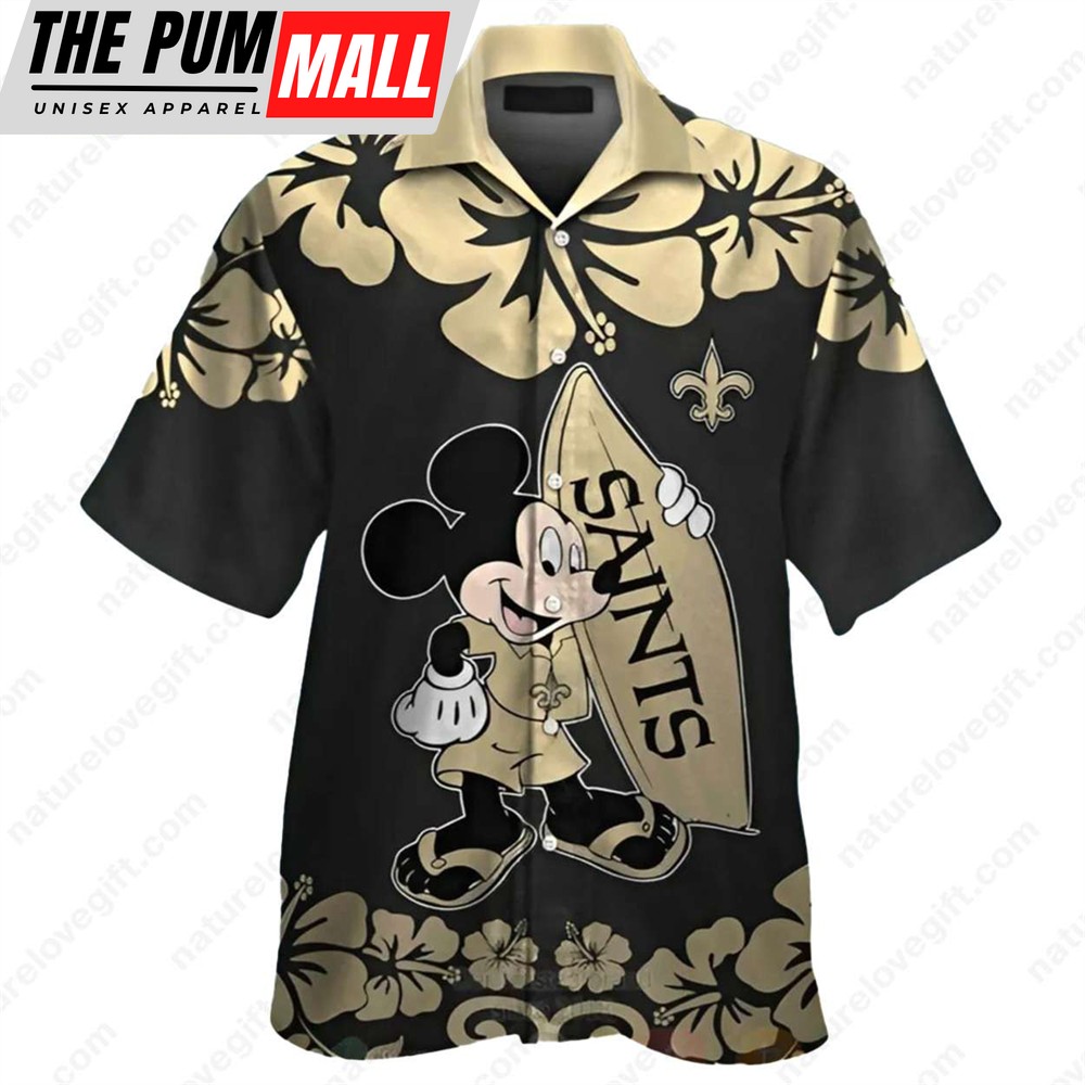 New Orleans Saints Mickey Mouse Hibiscus Floral Hawaiian Shirt