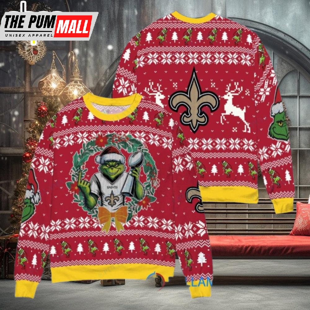 New Orleans Saints x Grinch NFL Grinch Super Bowl Trophy Ugly Christmas Sweater