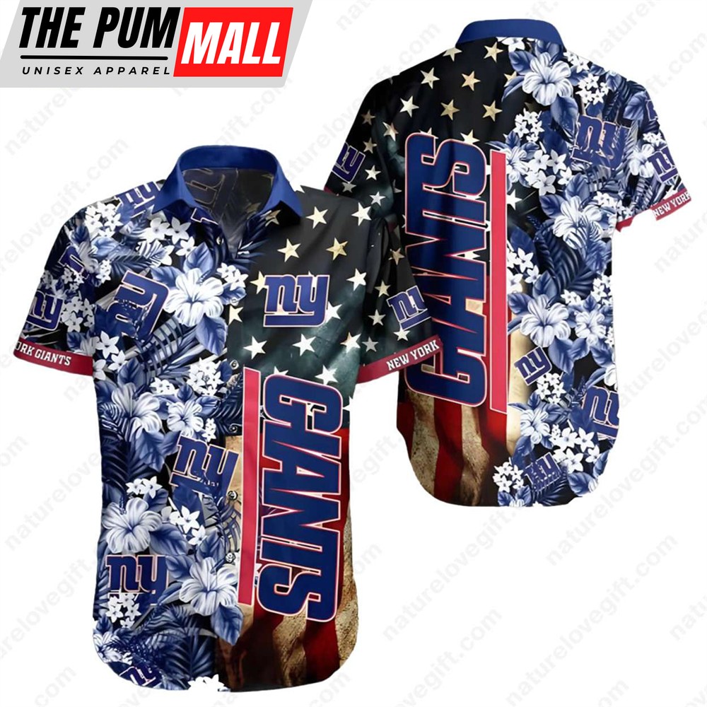 New York Giants American Flag Hibiscus Vintage Hawaiian Shirt