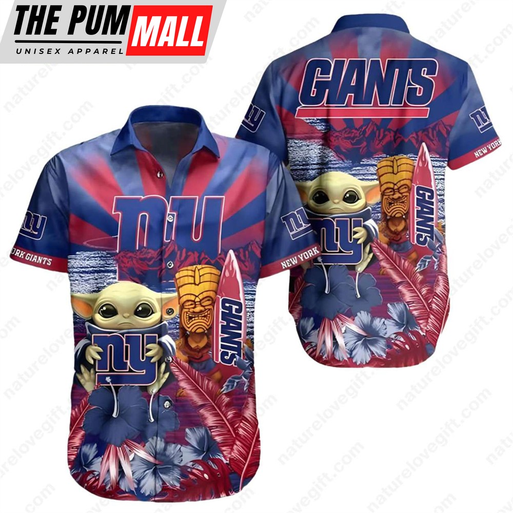 New York Giants Baby Yoda Hibiscus Tiki Hawaiian Shirt