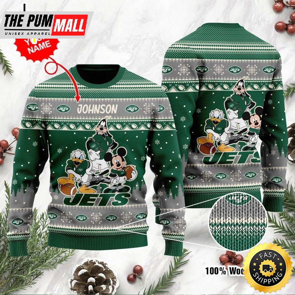 New York Jets Disney Donald Duck Mickey Mouse Goofy Personalized Ugly Christmas Sweater Perfect Holiday Gift