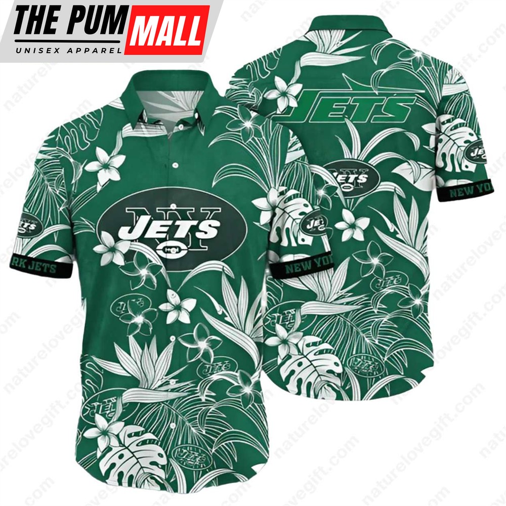 New York Jets Plumeria Tropical Floral Green Hawaiian Shirt
