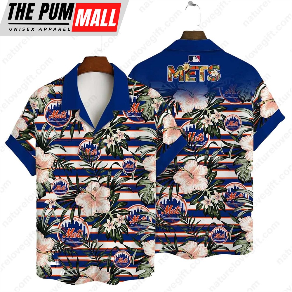 New York Mets Hibiscus Tropical Flowers Stripe MLB Hawaiian Shirt