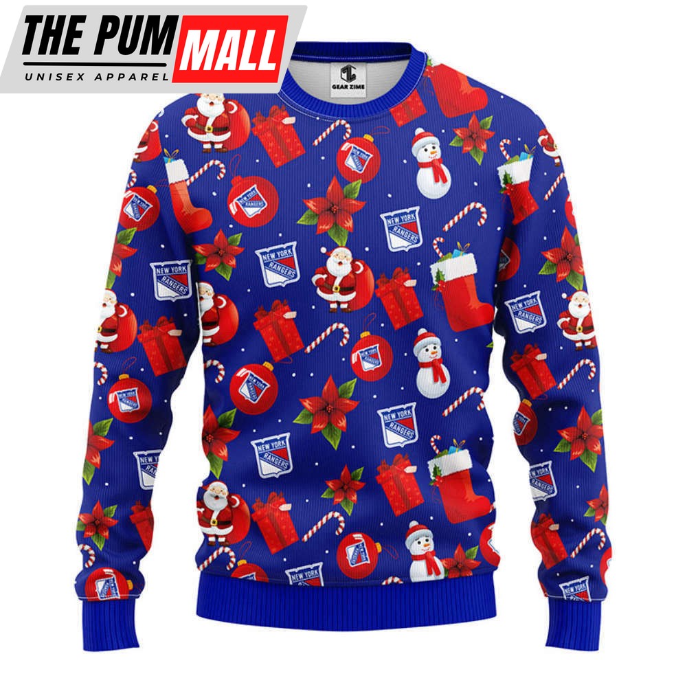 New York Rangers Santa Claus Snowman Christmas Ugly Sweater, Gift For Christmas
