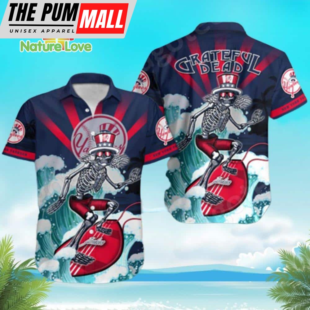 New York Yankees Grateful Dead Skeleton Surfing Hawaiian Shirt