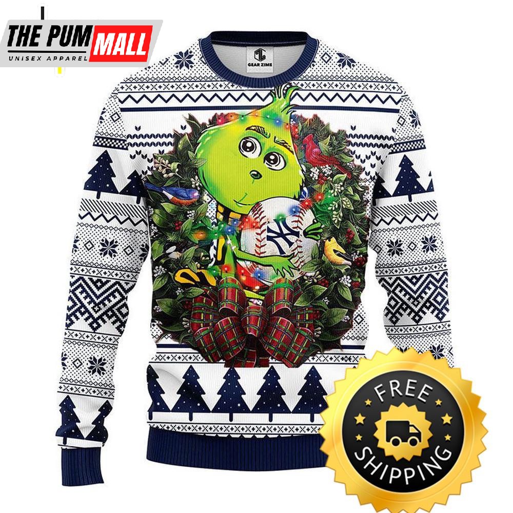 New York Yankees Grinch Hug Ugly Christmas Sweater, New York Yankees Ugly Sweater, MLB Christmas Sweater