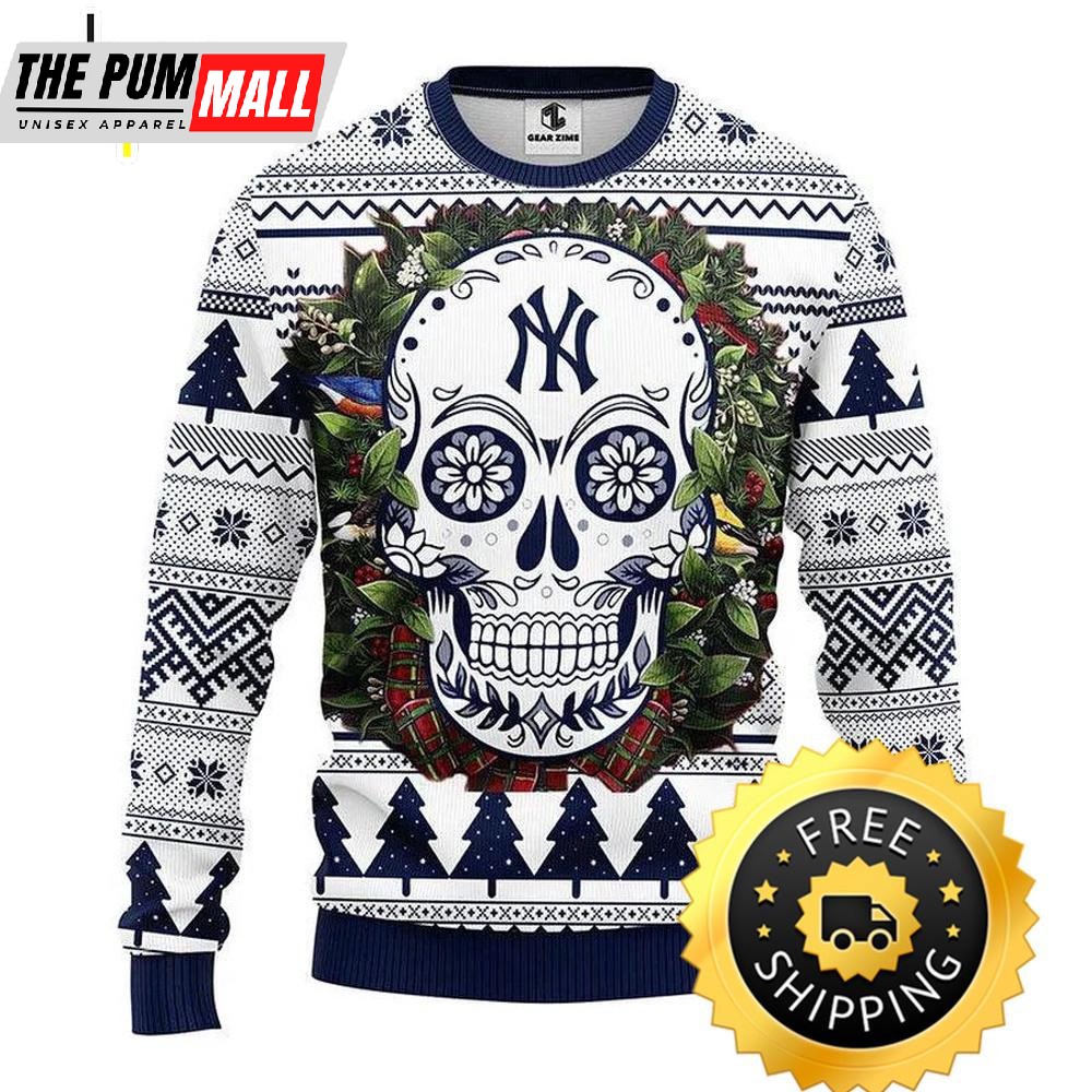 New York Yankees Skull Flower Ugly Christmas Sweater, New York Yankees Ugly Sweater, MLB Christmas Sweater