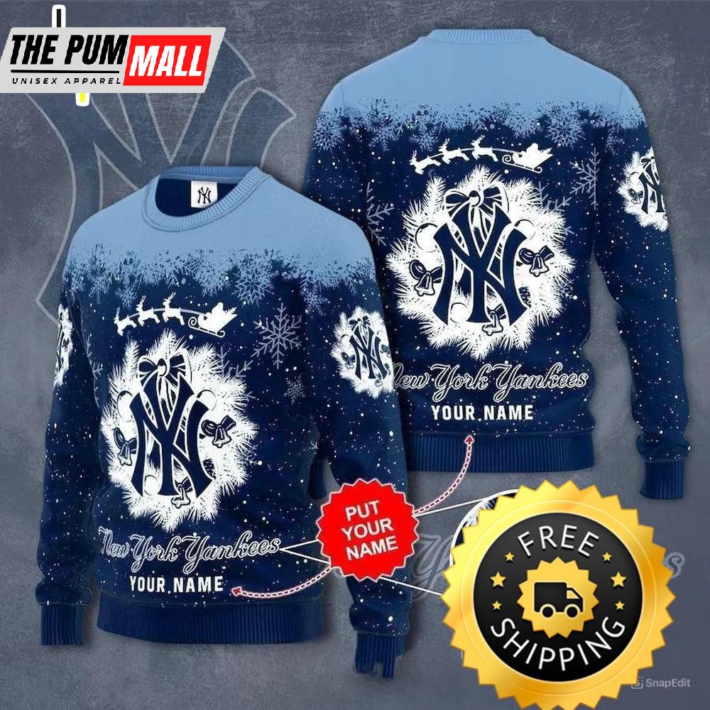New York Yankees Snow Christmas Custom Ugly Christmas Sweater, New York Yankees Ugly Sweater, MLB Christmas Sweater