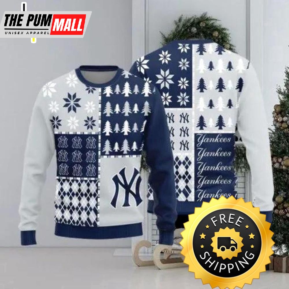 New York Yankees Teams Pine Trees Pattern Knitted Ugly Christmas Sweater, New York Yankees Ugly Sweater, MLB Christmas Sweater
