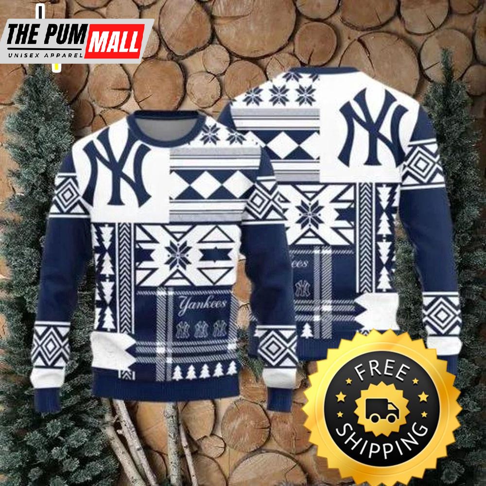 New York Yankees Teams Snowflakes Pattern Knitted Ugly Christmas Sweater, New York Yankees Ugly Sweater, MLB Christmas Sweater