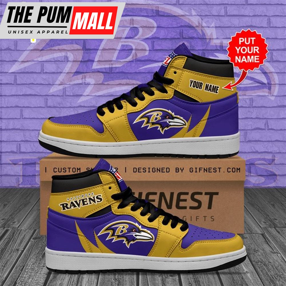 NFL Baltimore Ravens Custom Name Gold Purple Air Jd 1 High Sneakers