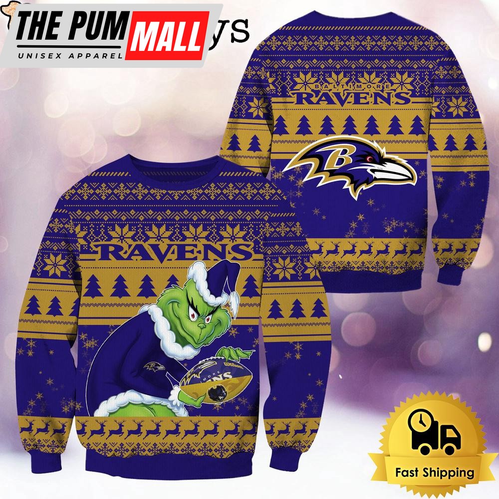 NFL Baltimore Ravens Grinch Custom Name Ugly Christmas Sweater
