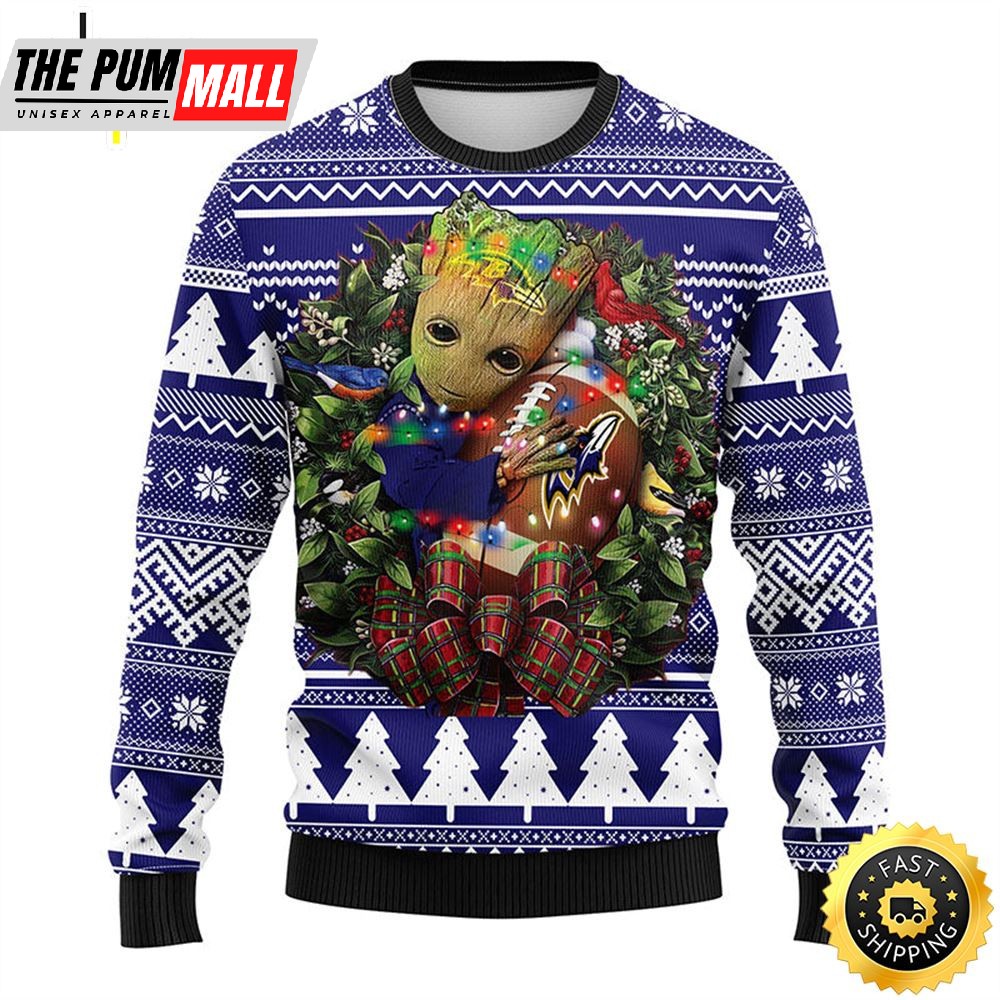 NFL Baltimore Ravens Groot Hug Christmas Ugly Sweater