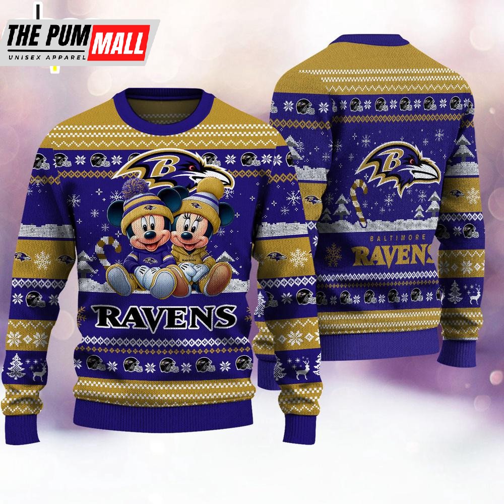 NFL Baltimore Ravens Mickey And Minnie Cute Christmas Ugly Sweater