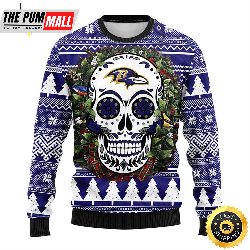 NFL Baltimore Ravens Skull Flower Ugly Christmas Ugly Sweater