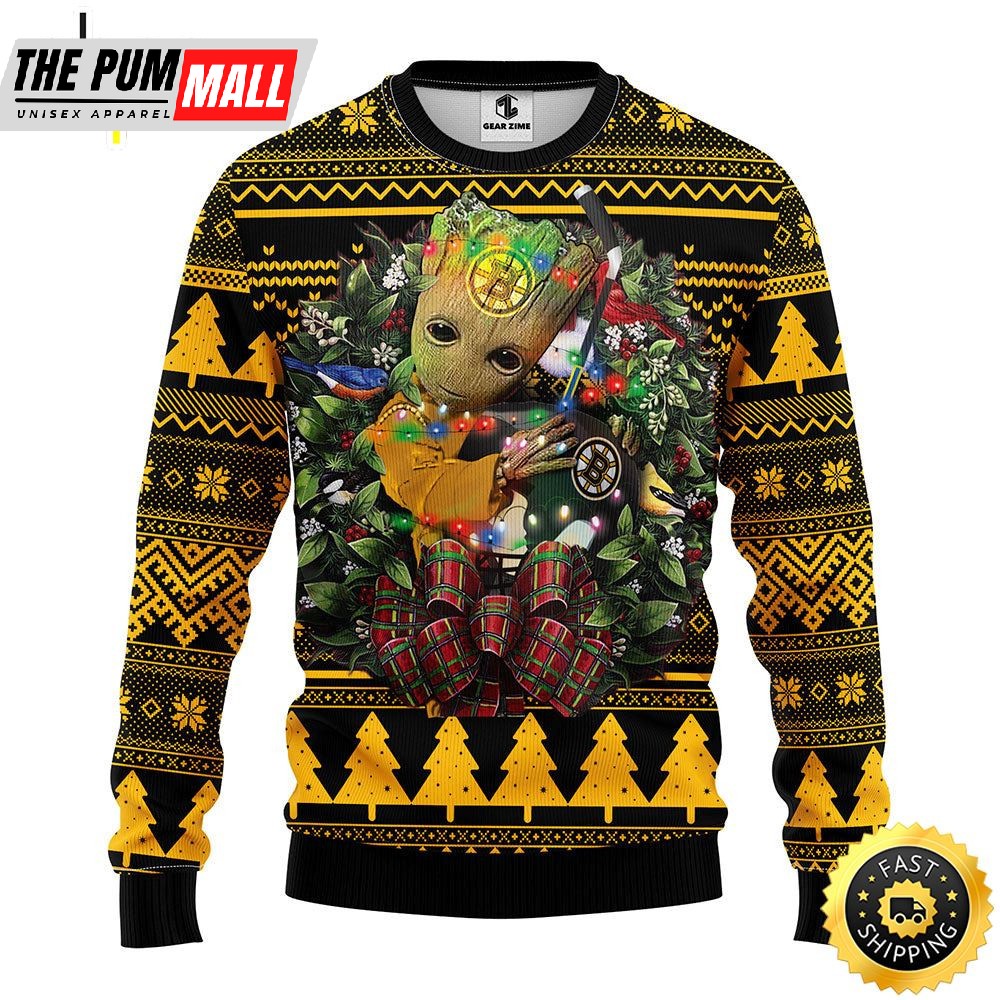 NFL Boston Bruins Groot Hug Christmas Ugly Sweater