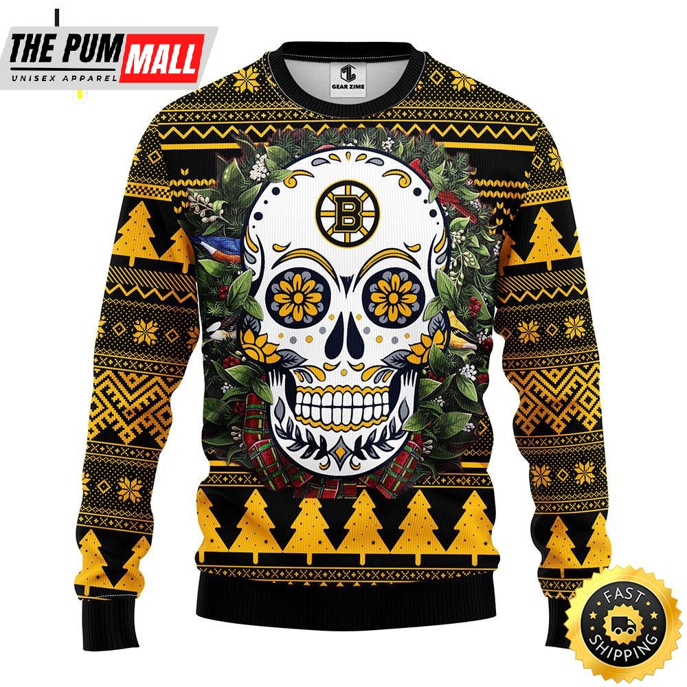 NFL Boston Bruins Skull Flower Ugly Christmas Ugly Sweater