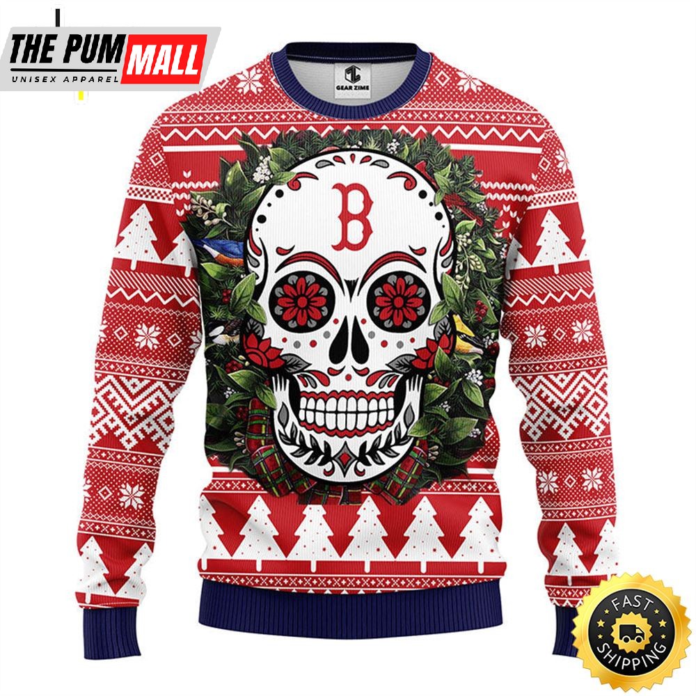 NFL Boston Red Sox Skull Flower Ugly Christmas Ugly Sweater
