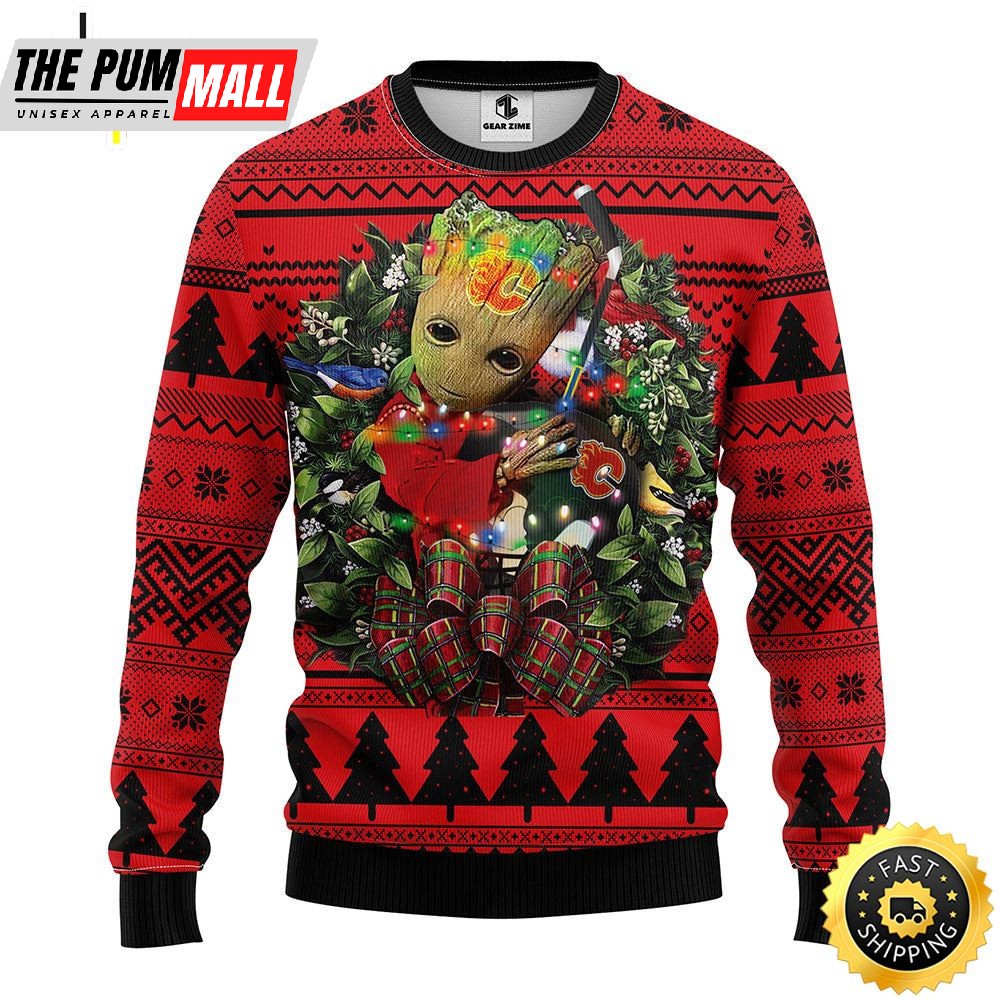 NFL Calgary Flames Groot Hug Christmas Ugly Sweater