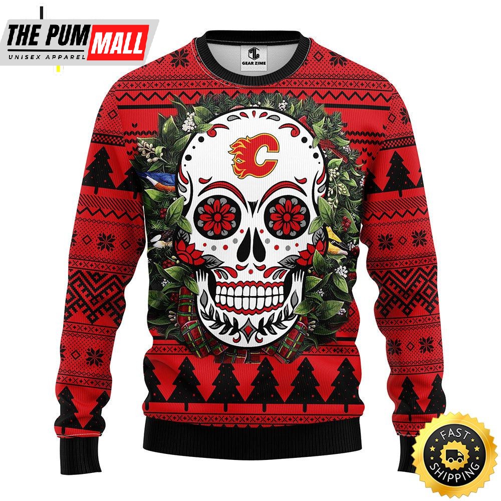 NFL Calgary Flames Skull Flower Ugly Christmas Ugly Sweater