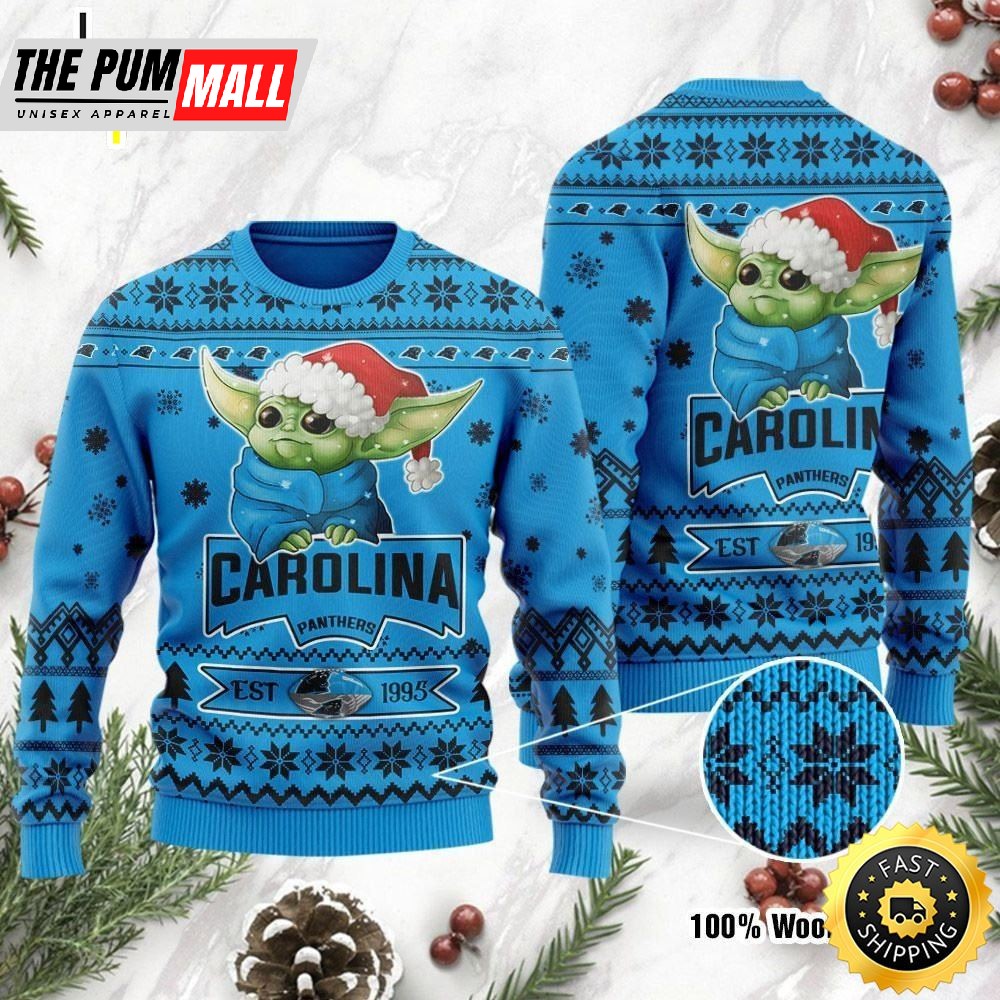 NFL Carolina Panthers Cute Baby Yoda Grogu Ugly Christmas Sweater Ugly
