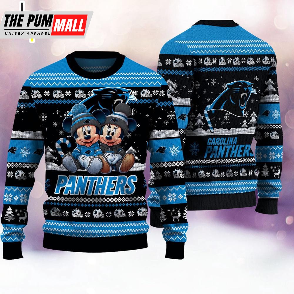 NFL Carolina Panthers Mickey And Minnie Cute Christmas Ugly Sweater