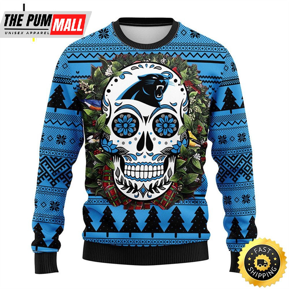 NFL Carolina Panthers Skull Flower Ugly Christmas Ugly Sweater