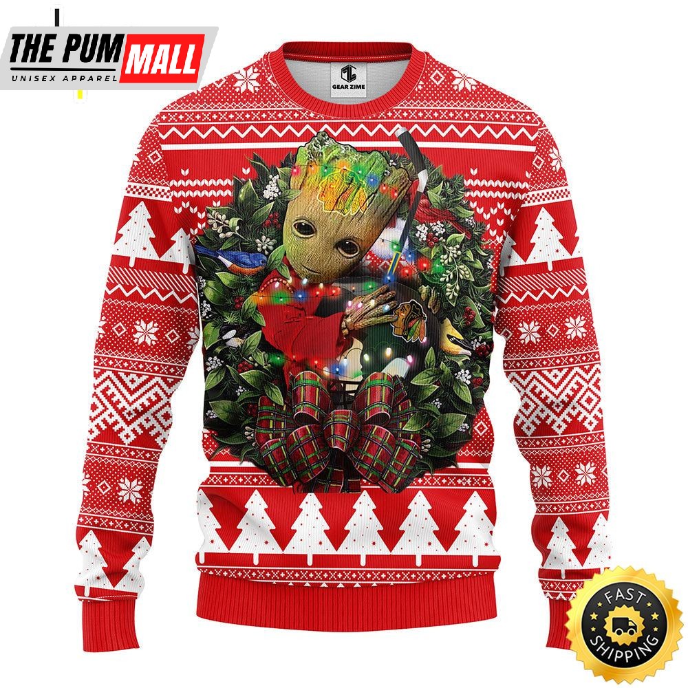 NFL Chicago Blackhawks Groot Hug Christmas Ugly Sweater
