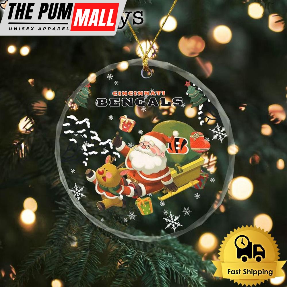 NFL Cincinnati Bengals Santa And Reindeer Christmas Crystal Glass Ornament Limited Edition