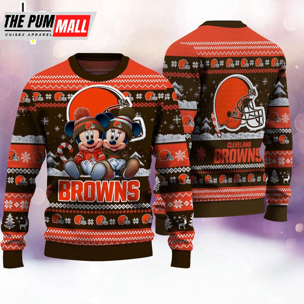 NFL Cleveland Browns Mickey And Minnie Cute Christmas Ugly Sweater