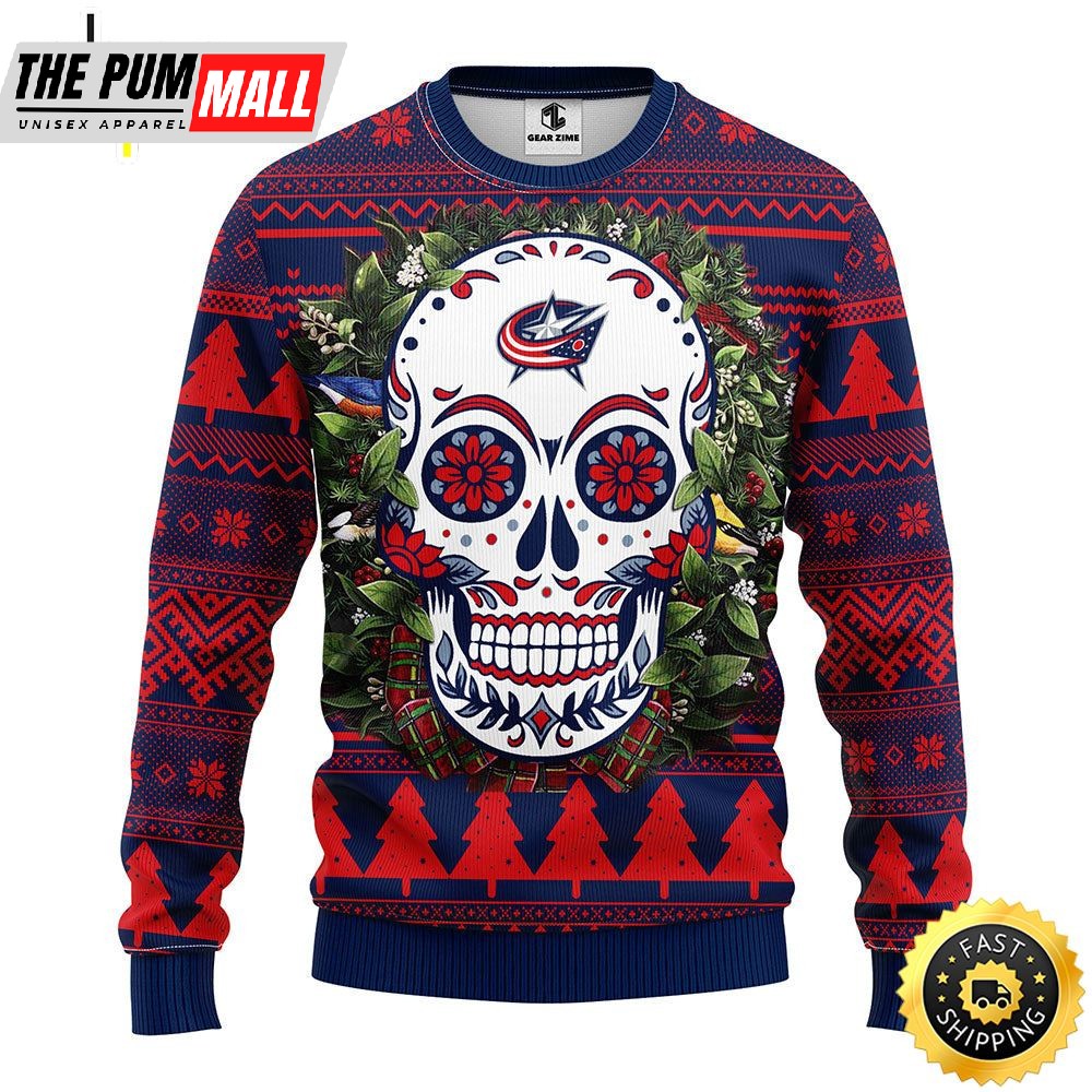 NFL Columbus Blue Jackets Skull Flower Ugly Christmas Ugly Sweater