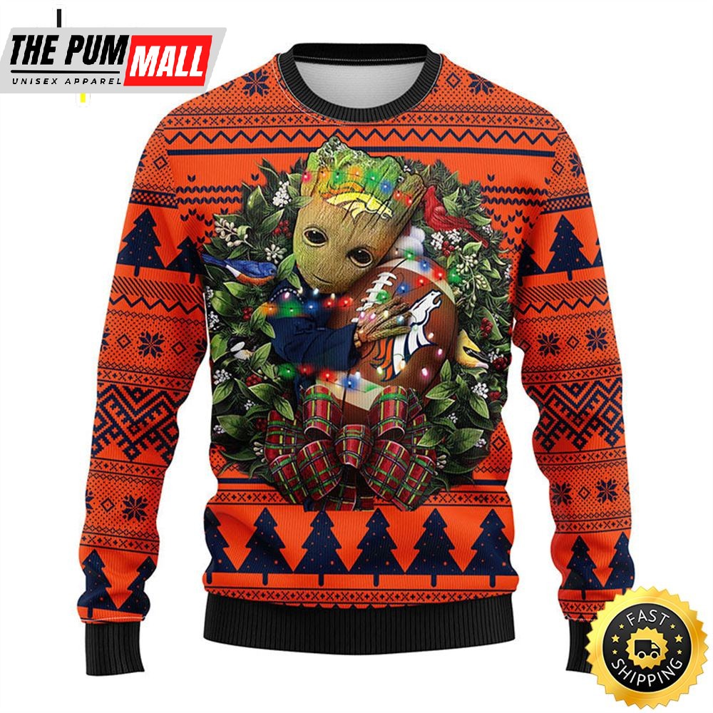 NFL Denver Brocos Groot Hug Christmas Ugly Sweater