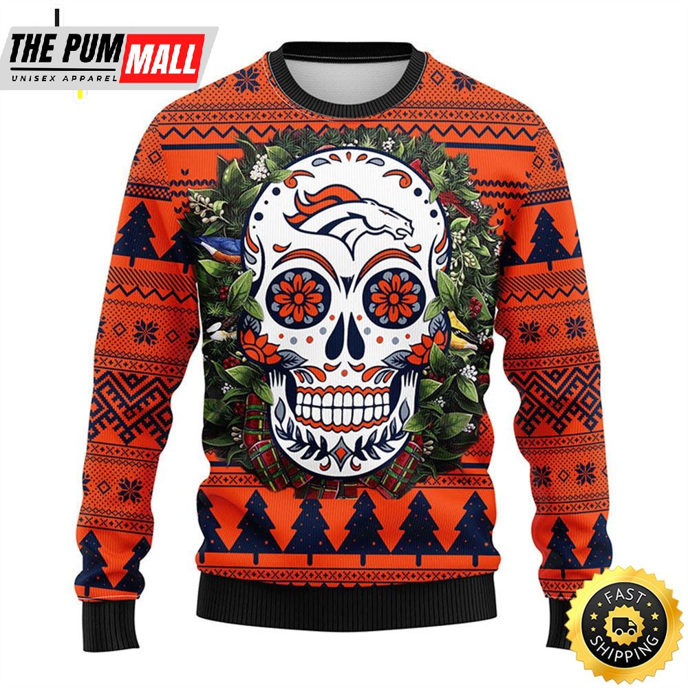 NFL Denver Brocos Skull Flower Ugly Christmas Ugly Sweater