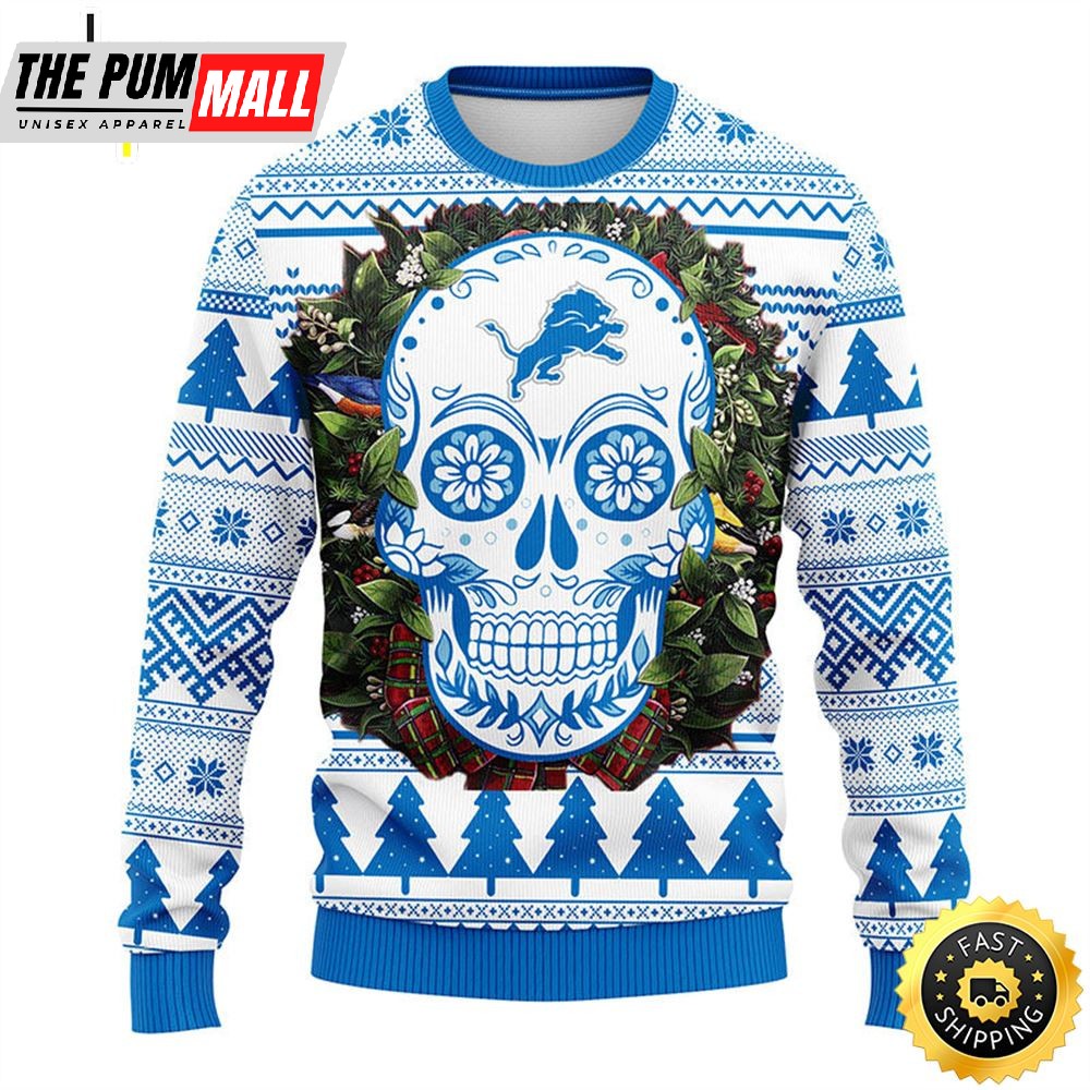 NFL Detroit Lions Skull Flower Ugly Christmas Ugly Sweater